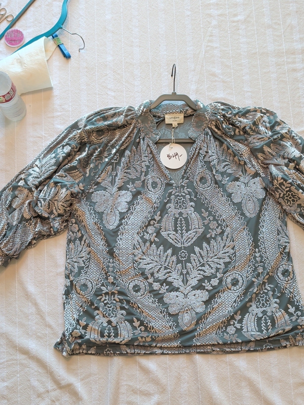 Umgee Dusty Green-Gray Floral Embroidered V-Neck Blouse